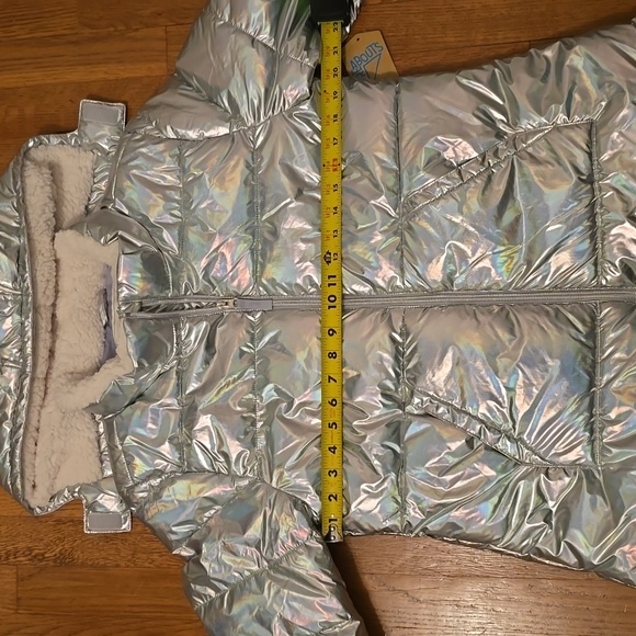 THEREABOUTS GIRLS SILVER "SHIMMER" PUFFER HOODED WINTER COAT SIZE XL 18.5 PLUS - Picture 10 of 16